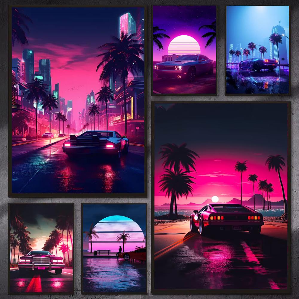 Retro Gaming Wallpaper - ملصق سيبربانك 80s ريترو كار سيتي،